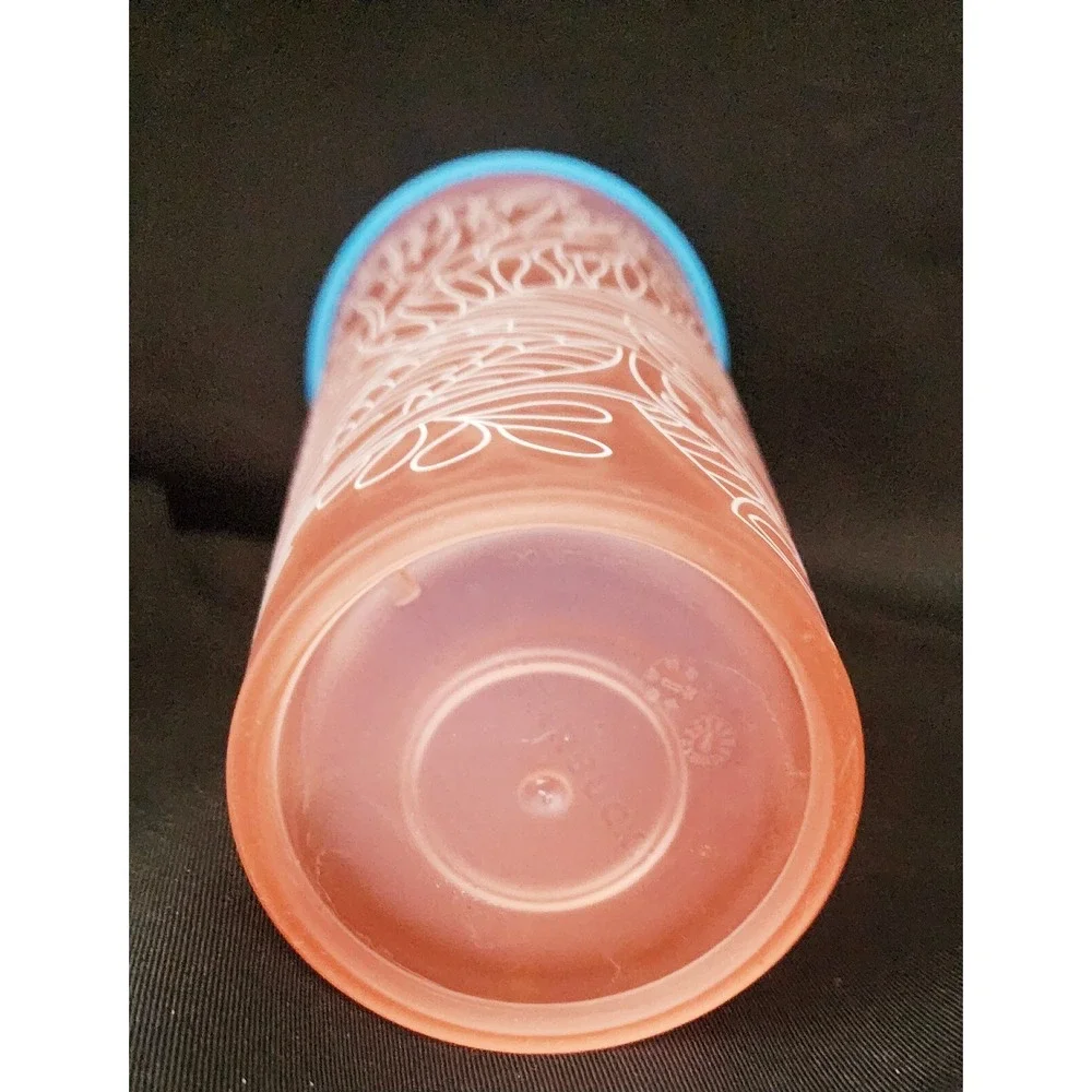 Starbucks 2016 Cup Tumbler Plastic Orange White Leaves  Blue Lid No Straw 9